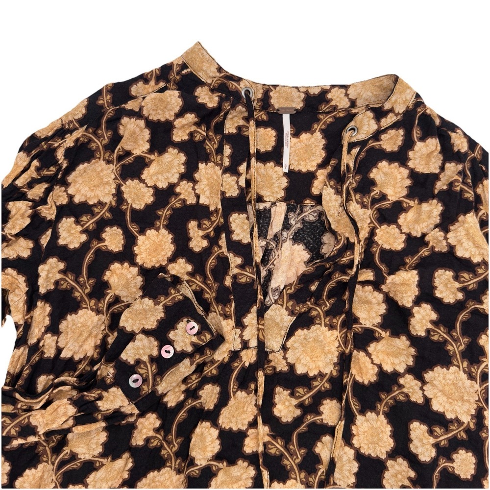 Free People Mia Tunic Top Womens Small Brown Floral Long Sleeve Oversized Blouse